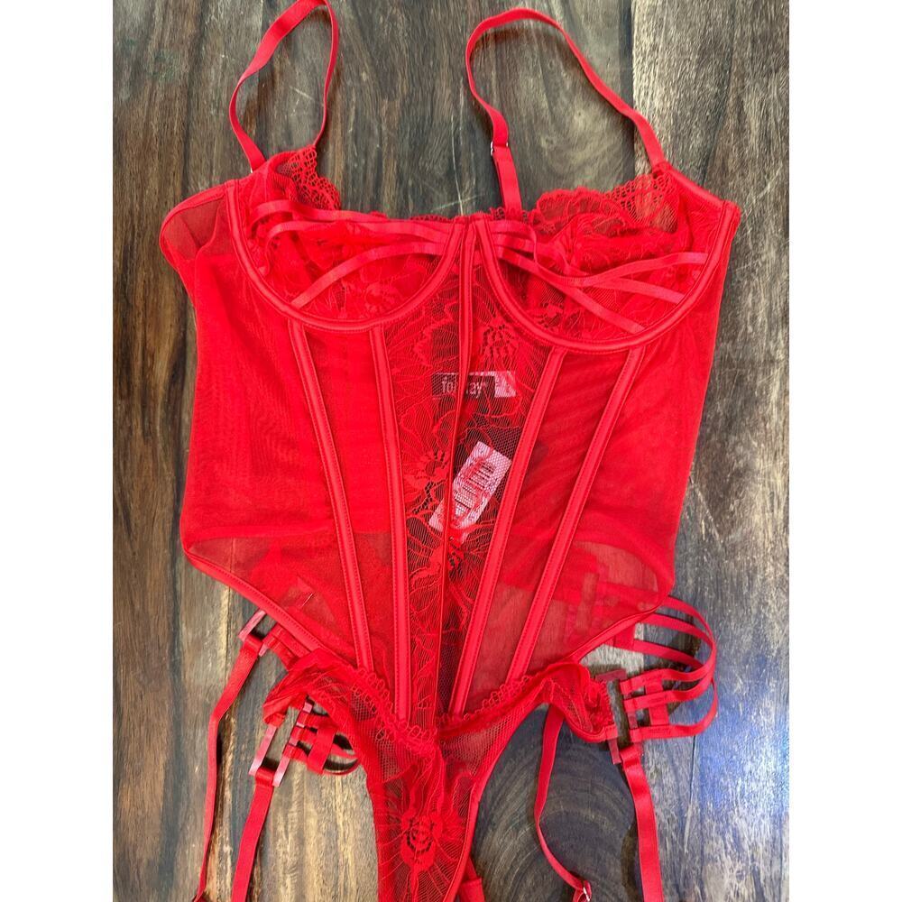 NWT Foreplay Women's Red Thirst Strap Strappy Lace Teddy Bodysuit Size Medium - Picture 6 of 8